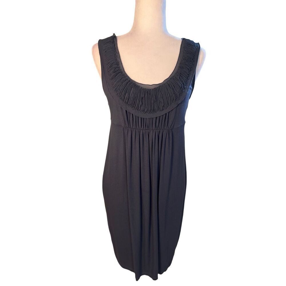 LOFT cotton deep blue sleeveless scoop neck dress with pleated yoke collar and b
